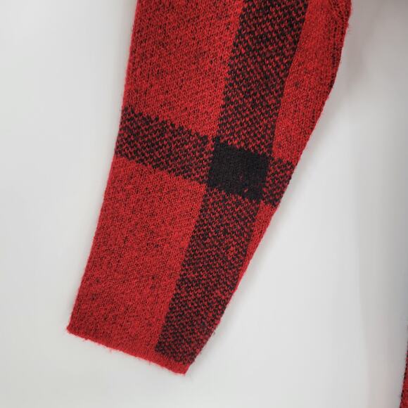Adrienne Vittadini Womens Sweater Medium Red Plaid Cardigan Fringe Open Front - Picture 10 of 12